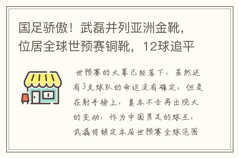 国足骄傲！武磊并列亚洲金靴，位居全球世预赛铜靴，12球追平凯恩