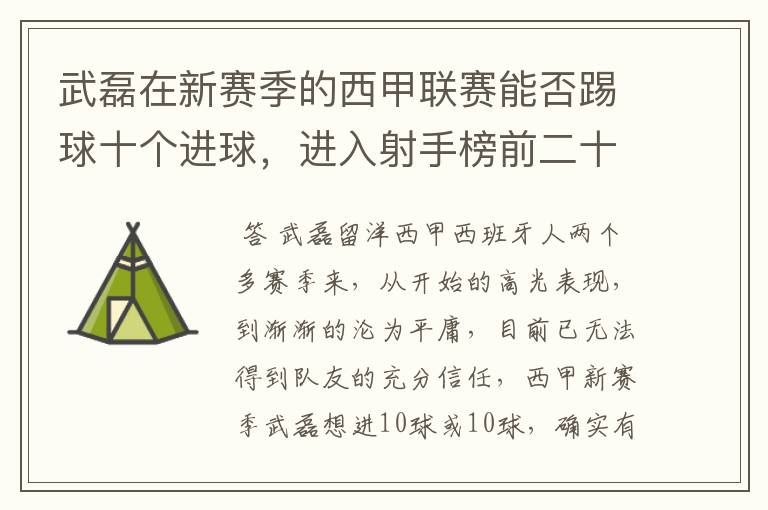 武磊在新赛季的西甲联赛能否踢球十个进球，进入射手榜前二十？