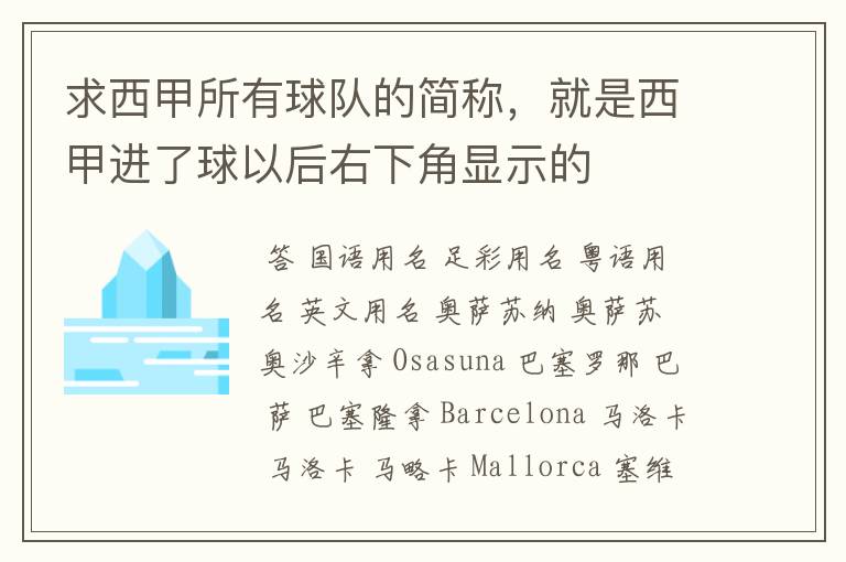 求西甲所有球队的简称，就是西甲进了球以后右下角显示的