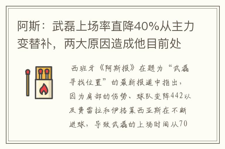 阿斯：武磊上场率直降40%从主力变替补，两大原因造成他目前处境