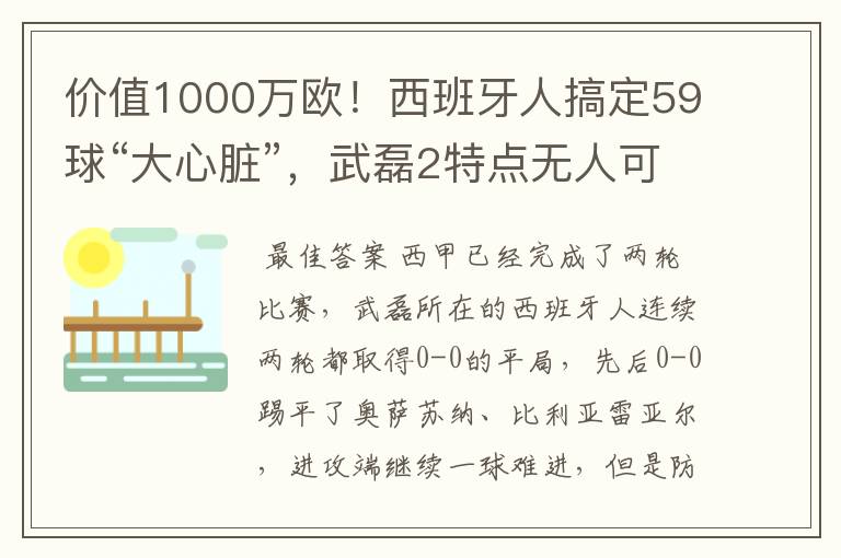 价值1000万欧！西班牙人搞定59球“大心脏”，武磊2特点无人可替