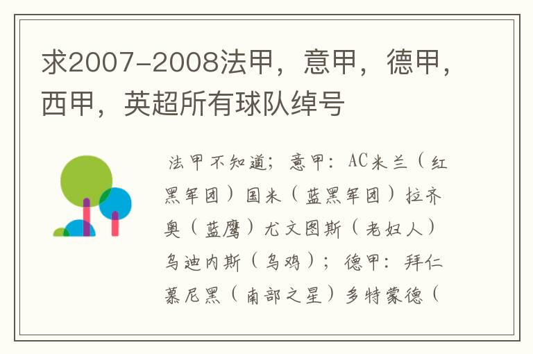 求2007-2008法甲，意甲，德甲，西甲，英超所有球队绰号