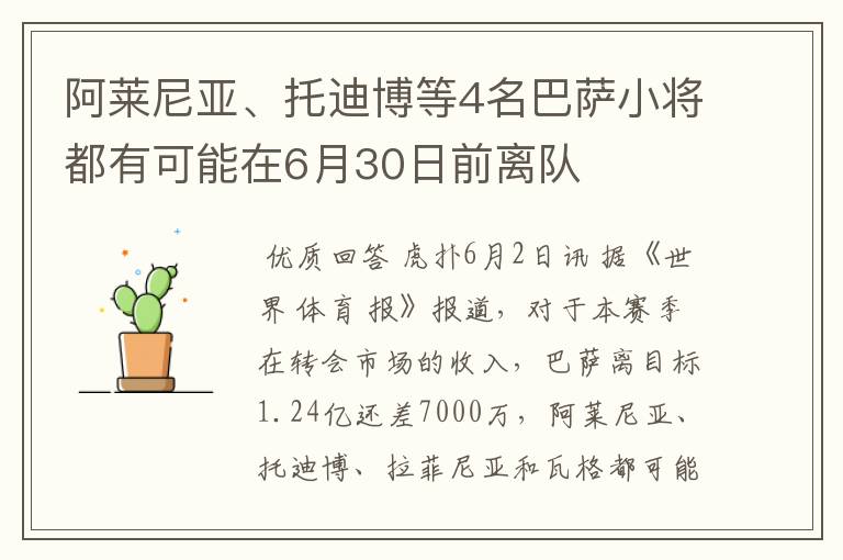 阿莱尼亚、托迪博等4名巴萨小将都有可能在6月30日前离队