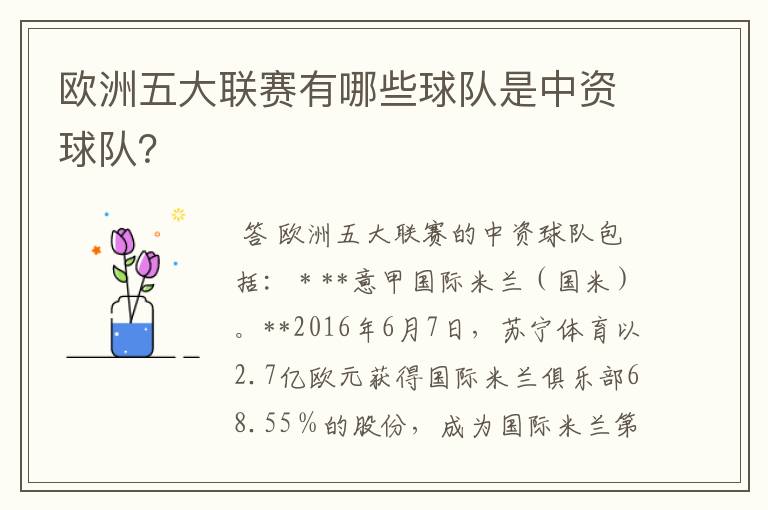 欧洲五大联赛有哪些球队是中资球队？