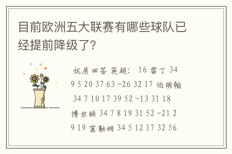 目前欧洲五大联赛有哪些球队已经提前降级了？