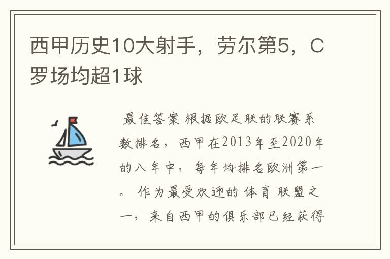 西甲历史10大射手，劳尔第5，C罗场均超1球