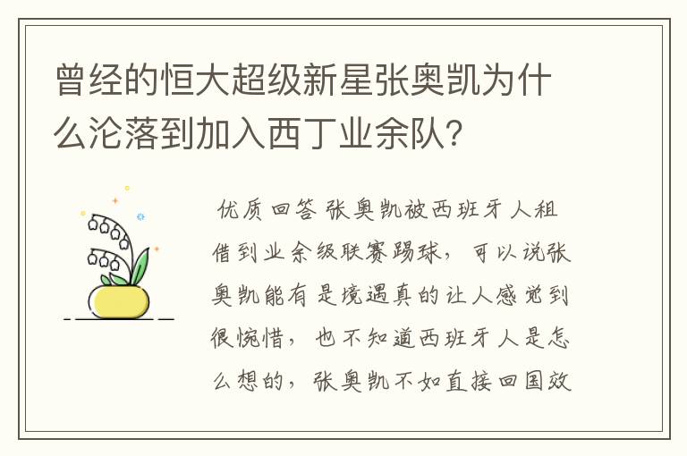 曾经的恒大超级新星张奥凯为什么沦落到加入西丁业余队？