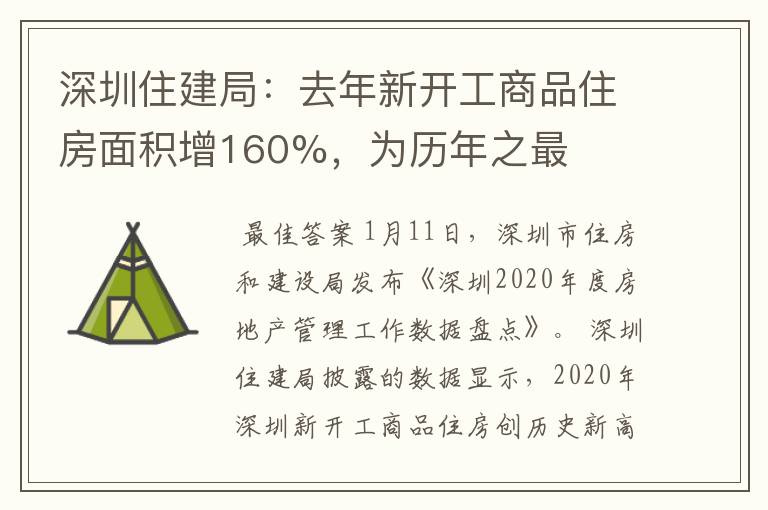 深圳住建局：去年新开工商品住房面积增160%，为历年之最