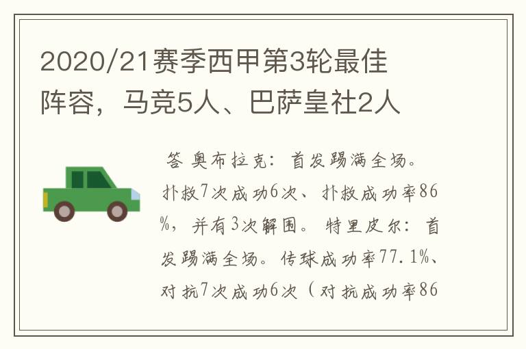 2020/21赛季西甲第3轮最佳阵容，马竞5人、巴萨皇社2人