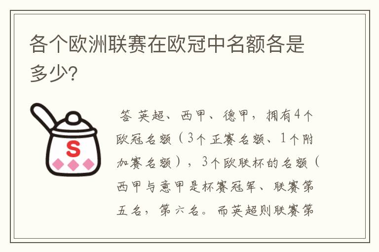 各个欧洲联赛在欧冠中名额各是多少？