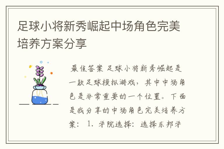 足球小将新秀崛起中场角色完美培养方案分享