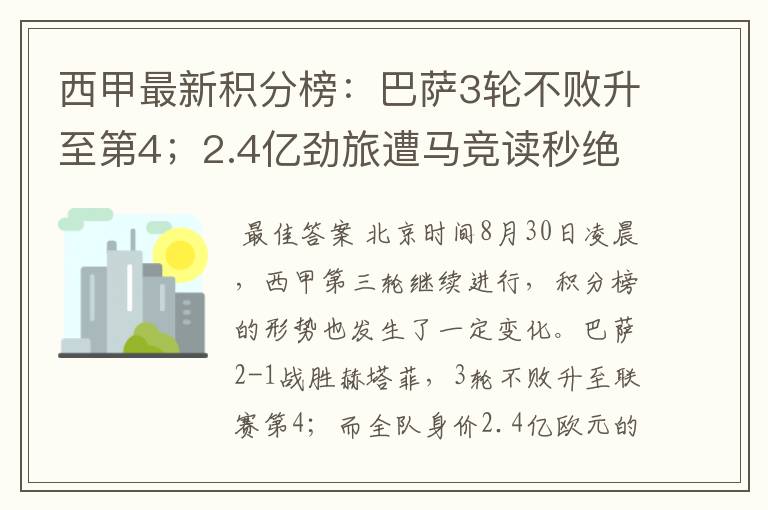 西甲最新积分榜：巴萨3轮不败升至第4；2.4亿劲旅遭马竞读秒绝平