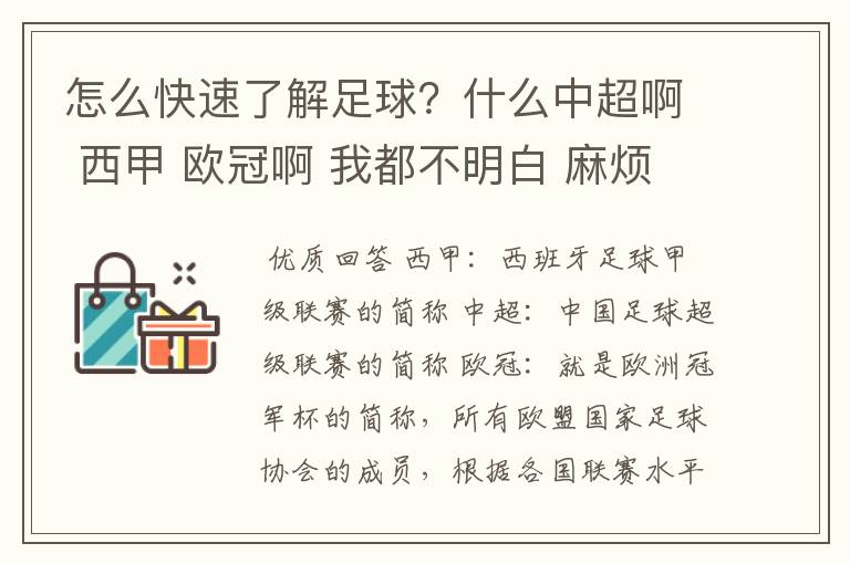 怎么快速了解足球？什么中超啊 西甲 欧冠啊 我都不明白 麻烦 有哪位特别了解足球的 跟我讲讲，多谢