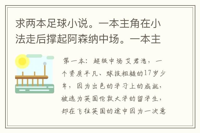 求两本足球小说。一本主角在小法走后撑起阿森纳中场。一本主角在皇马，和大牌关系很好，鸟叔也很照顾他。