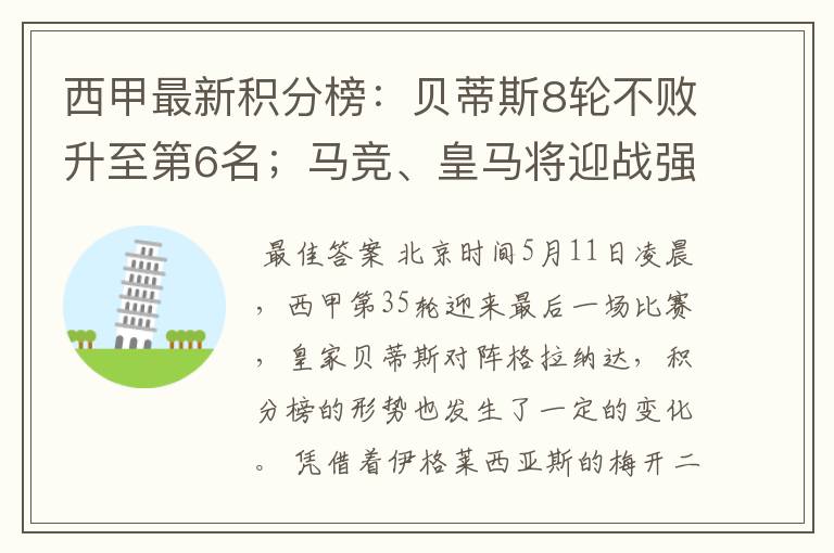 西甲最新积分榜：贝蒂斯8轮不败升至第6名；马竞、皇马将迎战强敌