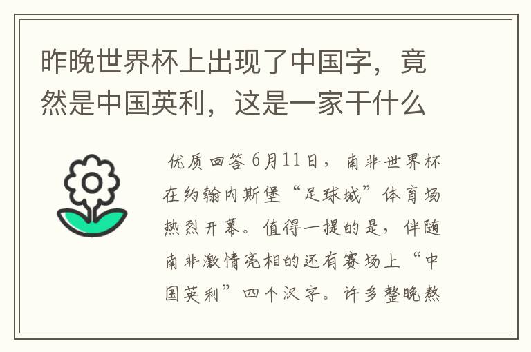 昨晚世界杯上出现了中国字，竟然是中国英利，这是一家干什么的公司啊？