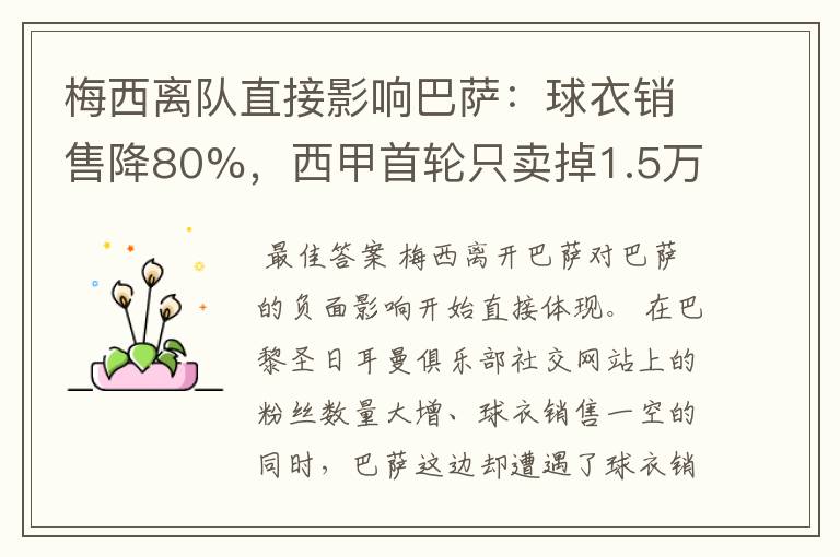 梅西离队直接影响巴萨：球衣销售降80%，西甲首轮只卖掉1.5万球票