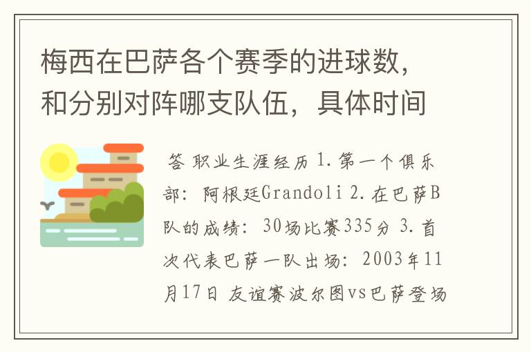 梅西在巴萨各个赛季的进球数，和分别对阵哪支队伍，具体时间，以及助攻数，反正越详细越好，非常感谢！