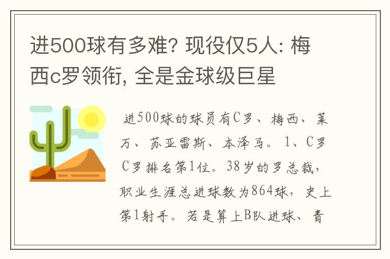 进500球有多难? 现役仅5人: 梅西c罗领衔, 全是金球级巨星