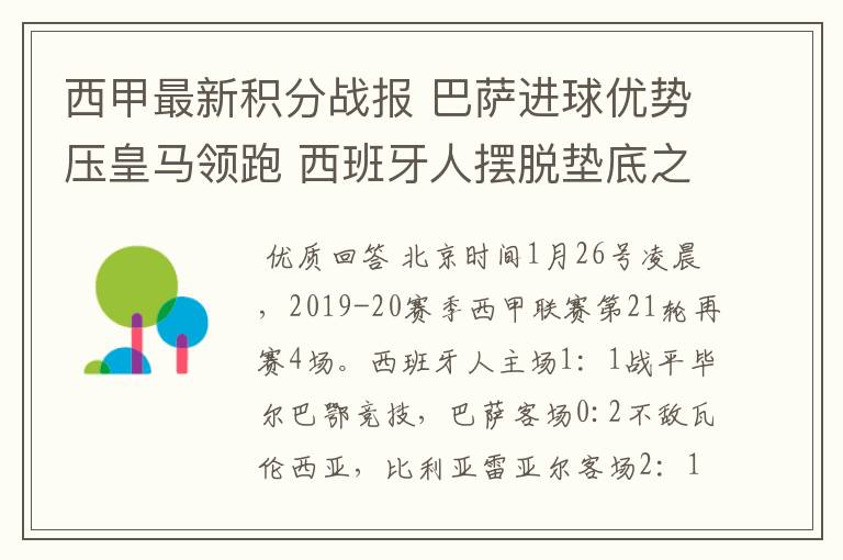 西甲最新积分战报 巴萨进球优势压皇马领跑 西班牙人摆脱垫底之位