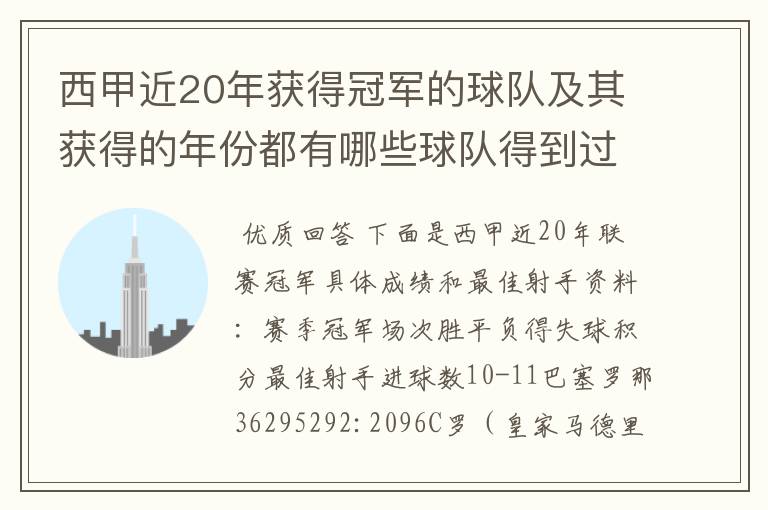 西甲近20年获得冠军的球队及其获得的年份都有哪些球队得到过意大利