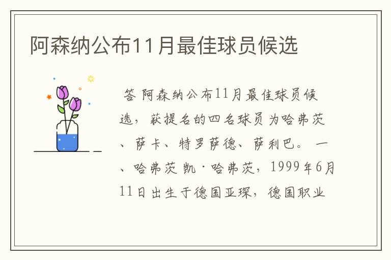 阿森纳公布11月最佳球员候选