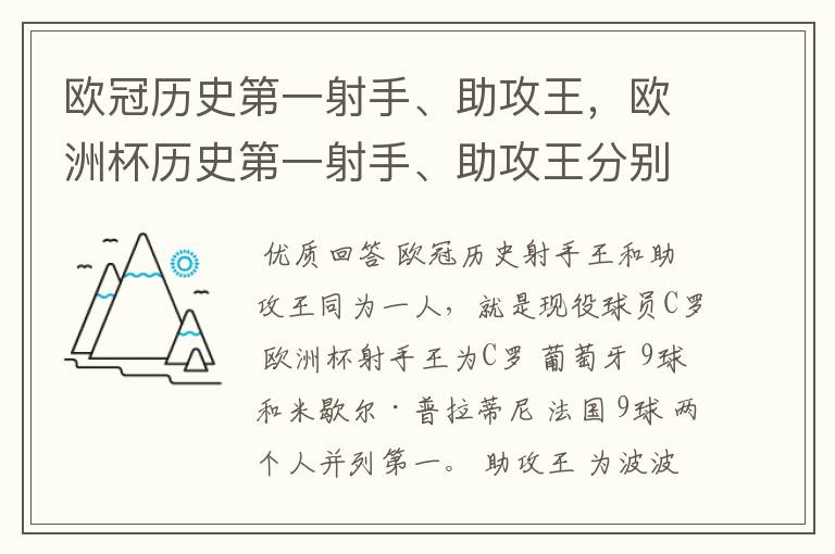 欧冠历史第一射手、助攻王，欧洲杯历史第一射手、助攻王分别是谁？