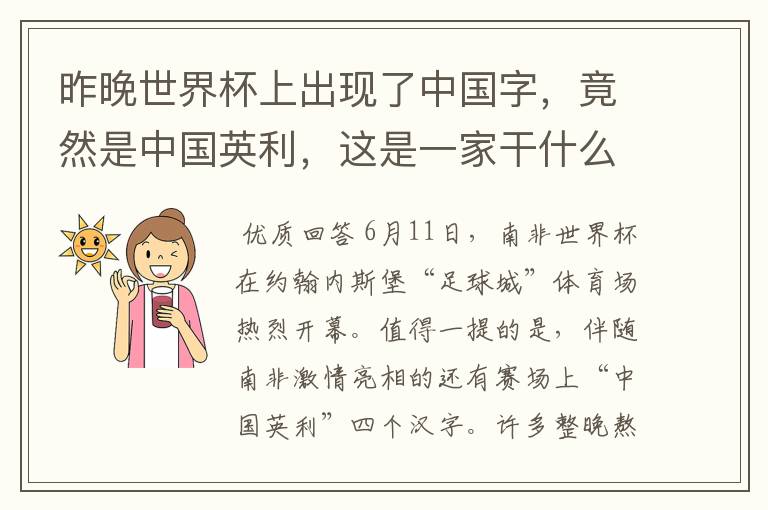 昨晚世界杯上出现了中国字，竟然是中国英利，这是一家干什么的公司啊？