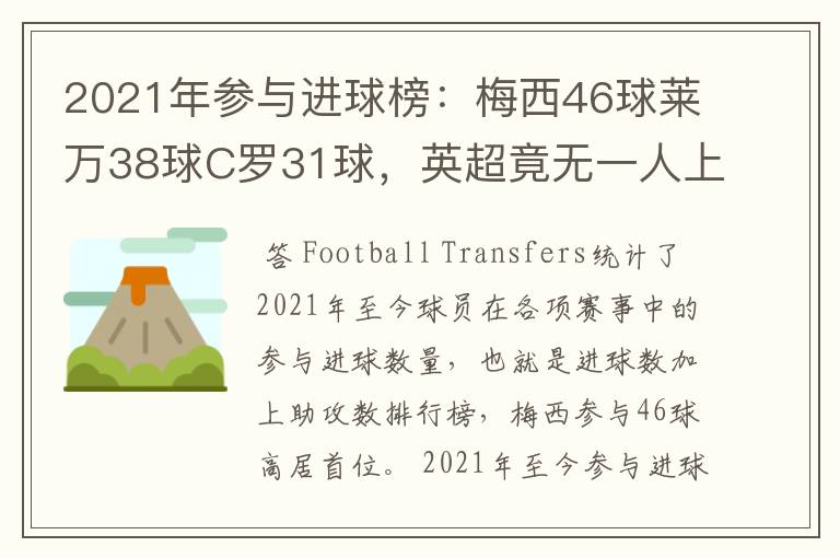 2021年参与进球榜：梅西46球莱万38球C罗31球，英超竟无一人上榜