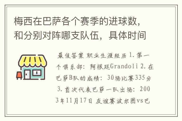 梅西在巴萨各个赛季的进球数，和分别对阵哪支队伍，具体时间，以及助攻数，反正越详细越好，非常感谢！