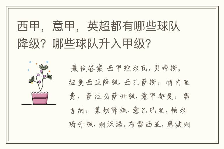 西甲，意甲，英超都有哪些球队降级？哪些球队升入甲级？