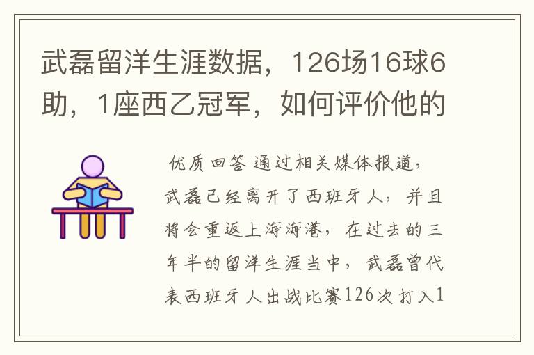 武磊留洋生涯数据，126场16球6助，1座西乙冠军，如何评价他的表现？