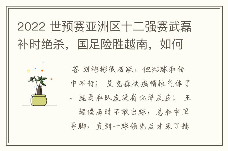 2022 世预赛亚洲区十二强赛武磊补时绝杀，国足险胜越南，如何评价