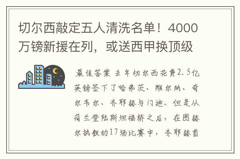 切尔西敲定五人清洗名单！4000万镑新援在列，或送西甲换顶级铁闸