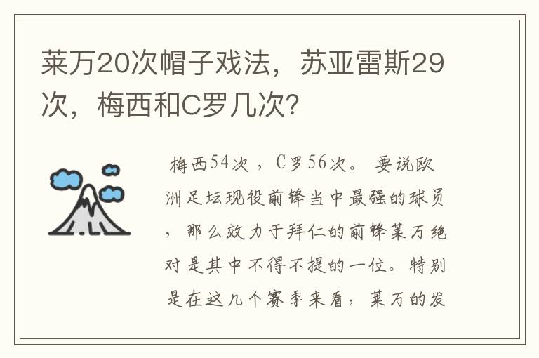 莱万20次帽子戏法，苏亚雷斯29次，梅西和C罗几次？