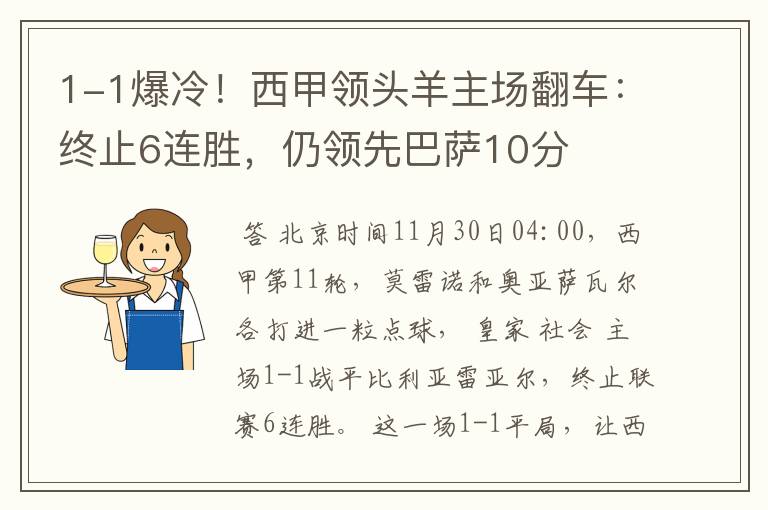 1-1爆冷！西甲领头羊主场翻车：终止6连胜，仍领先巴萨10分