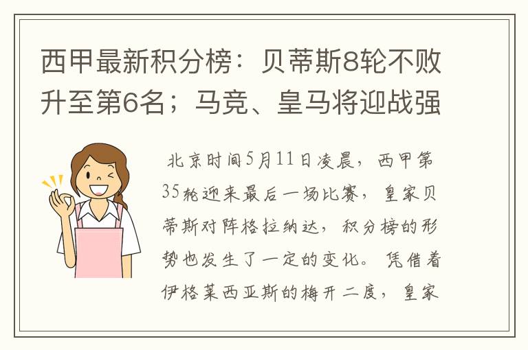 西甲最新积分榜：贝蒂斯8轮不败升至第6名；马竞、皇马将迎战强敌