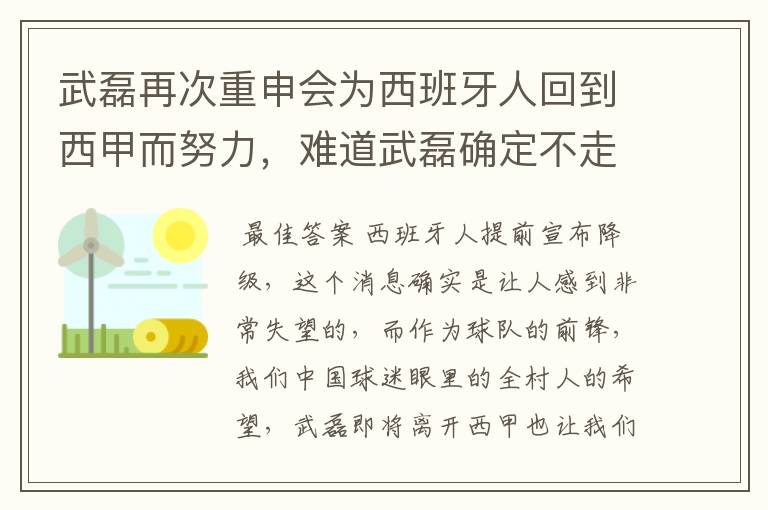 武磊再次重申会为西班牙人回到西甲而努力，难道武磊确定不走了？