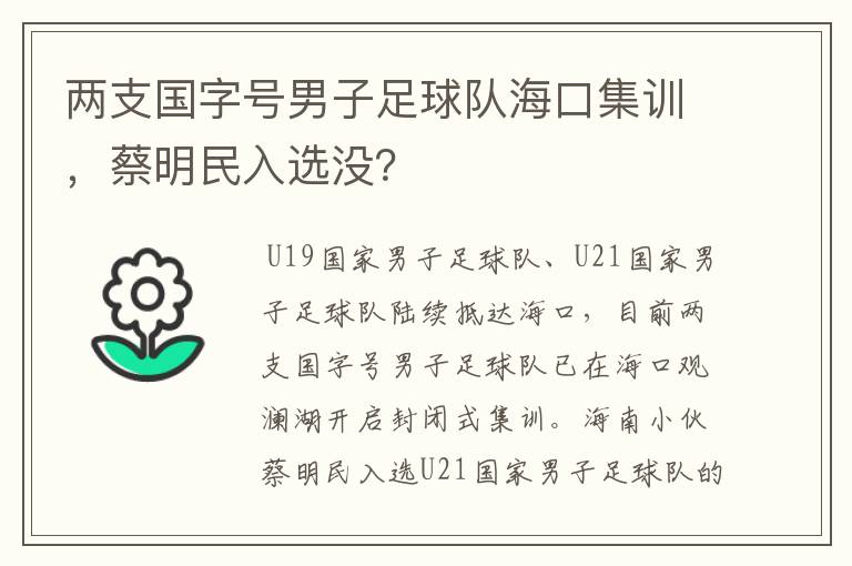 两支国字号男子足球队海口集训，蔡明民入选没？