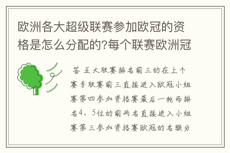 欧洲各大超级联赛参加欧冠的资格是怎么分配的?每个联赛欧洲冠军杯参赛队