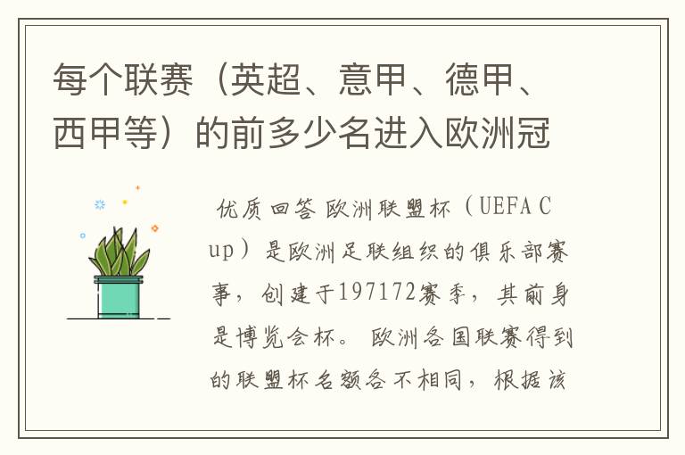 每个联赛（英超、意甲、德甲、西甲等）的前多少名进入欧洲冠军杯？多少名进入欧洲联盟杯？