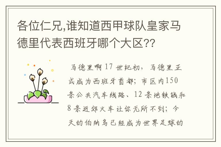 各位仁兄,谁知道西甲球队皇家马德里代表西班牙哪个大区??