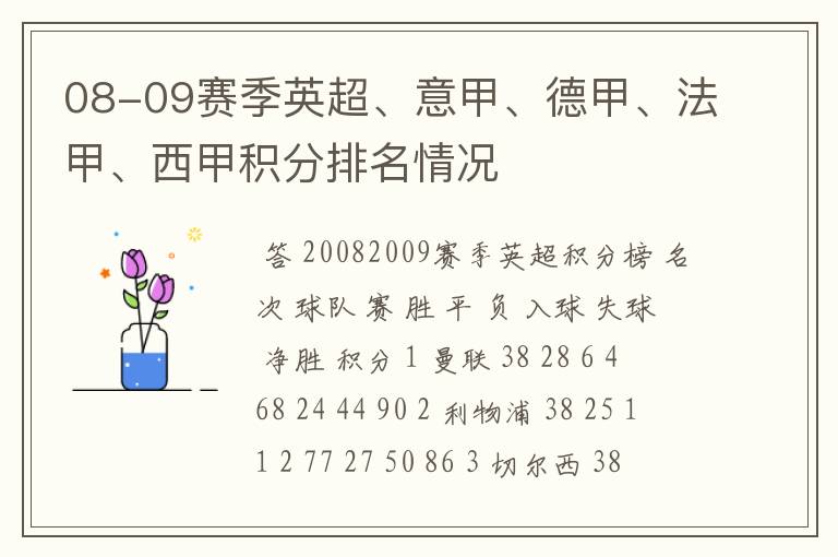 08-09赛季英超、意甲、德甲、法甲、西甲积分排名情况