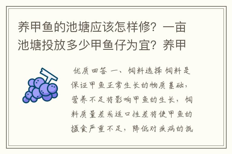 养甲鱼的池塘应该怎样修？一亩池塘投放多少甲鱼仔为宜？养甲鱼应该注意那些问题？