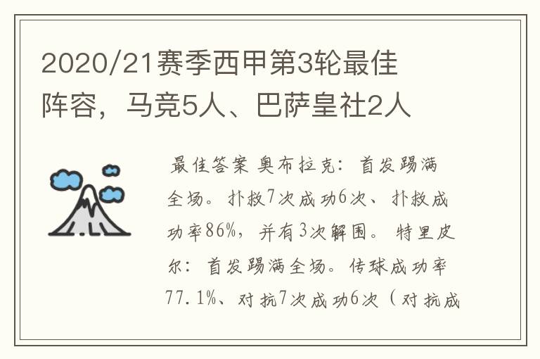 2020/21赛季西甲第3轮最佳阵容，马竞5人、巴萨皇社2人