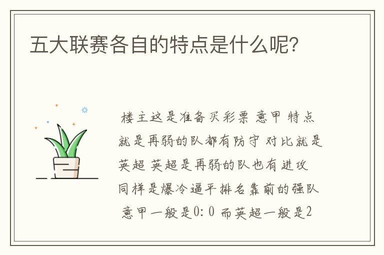 五大联赛各自的特点是什么呢？