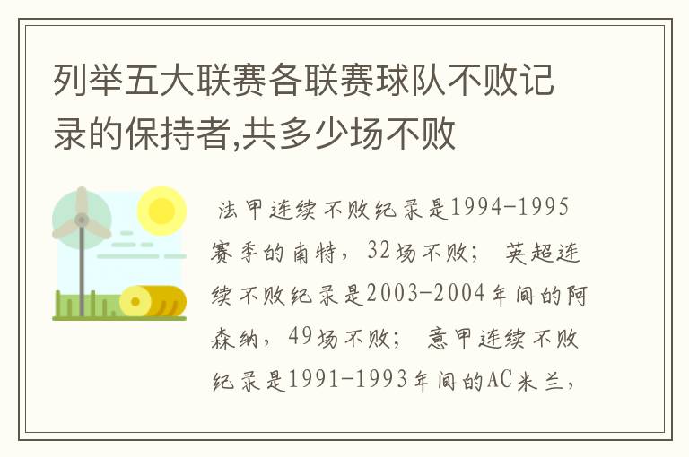 列举五大联赛各联赛球队不败记录的保持者,共多少场不败