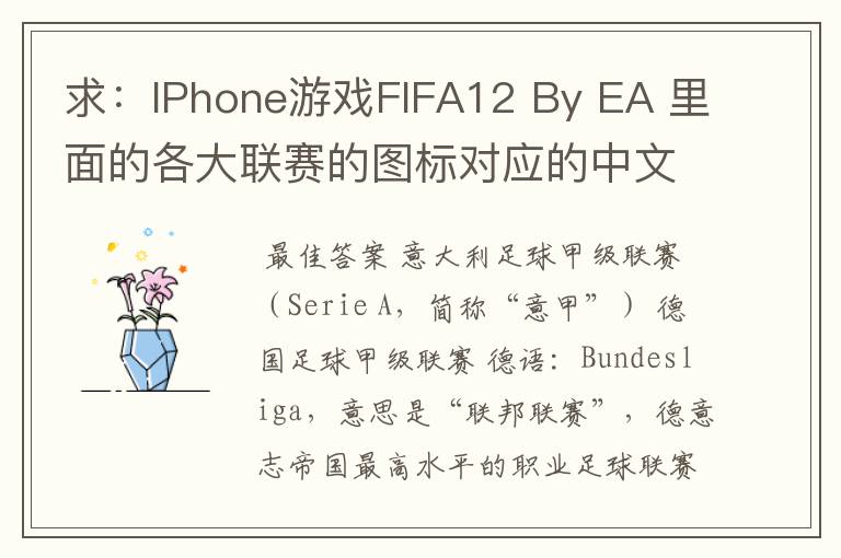 求：IPhone游戏FIFA12 By EA 里面的各大联赛的图标对应的中文名称 例如：Liga BBVA 西甲