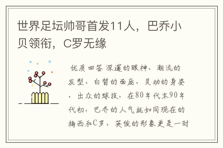 世界足坛帅哥首发11人，巴乔小贝领衔，C罗无缘