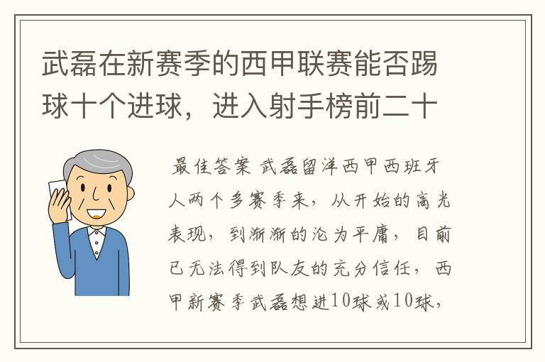 武磊在新赛季的西甲联赛能否踢球十个进球，进入射手榜前二十？